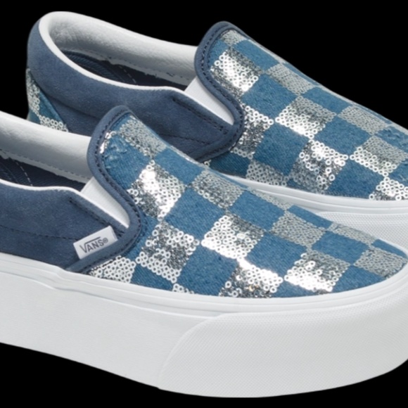 Vans Classic Slip-On glitter sneakers in denim and silver - Picture 1 of 7